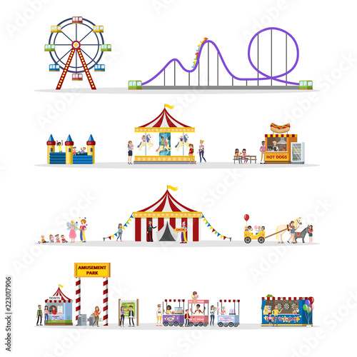 Amusement park set with circus tent and carousels