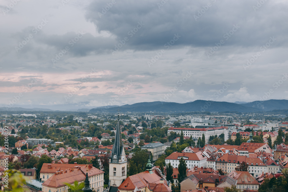 Beautiful view of the historic center of the European city in cloudy weather