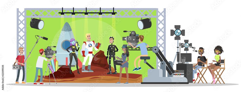 Shooting fantastic movie with captain of spaceship Shooting fantastic movie with captain of spaceship