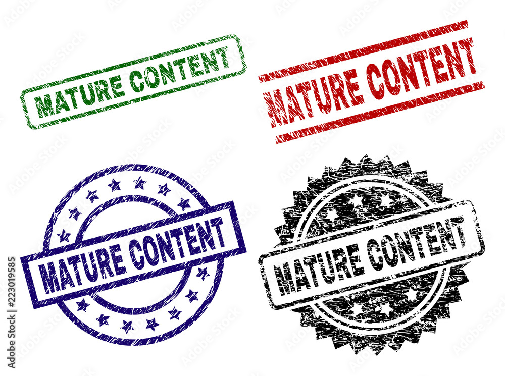 MATURE CONTENT seal prints with damaged texture. Black, green,red,blue vector rubber prints of MATURE CONTENT title with corroded texture. Rubber seals with round, rectangle, rosette shapes. MATURE CONTENT seal prints with damaged texture. Black, green,red,blue vector rubber prints of MATURE CONTENT title with corroded texture. Rubber seals with round, rectangle, rosette shapes.