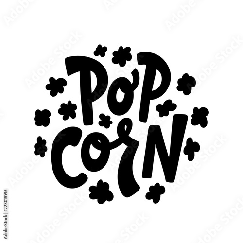 Popcorn text label with popping. Hand drawn typography sign. Black and white logo. Vector illustration. Graphic Design for print on pack, packaging, tee t shirt, poster, banner, flyer card. photo