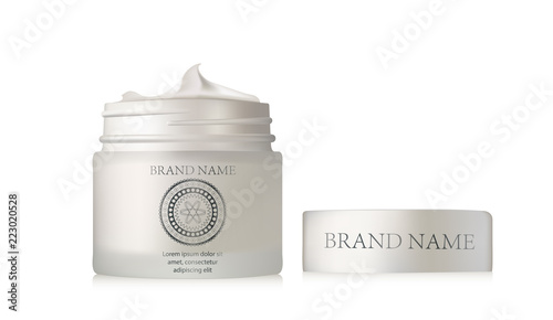 Face Cream Pearl Silver Jar. Realistic blank cosmetics container for skin care essence. Facial cream box isolated on white background.