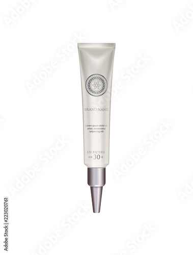 Cosmetic luxury packaging template, plastic nozzle tube. Container with long silver cap. Pearl tube mock-up for oil, face moisturizer cream, toothpaste, scrub or gel. Isolated on white.