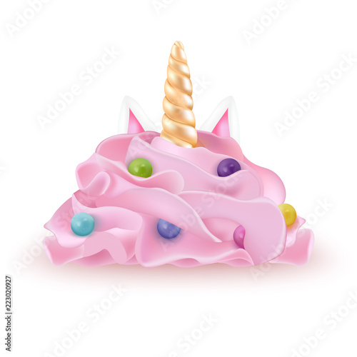 Whipped cream with colourful realistic pearls dragees and unicorn horn, candle. Detailed 3d Isolated On White. Design Element For Web Or Print Packaging. Vector