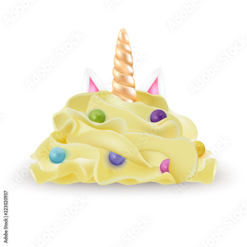 Whipped cream with colourful realistic pearls dragees and unicorn horn, candle. Detailed 3d Isolated On White. Design Element For Web Or Print Packaging. Vector