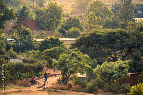 View of bakclit trees and dirt paths on a hillside in Nyamirambo, an outlying, semi-rural suburb of Kigali, Rwanda photo