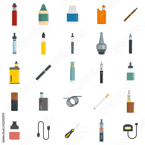 Electronic cigarette mod cig smoke icons set. Flat illustration of 25 electronic cigarette mod cig smoke vector icons for web