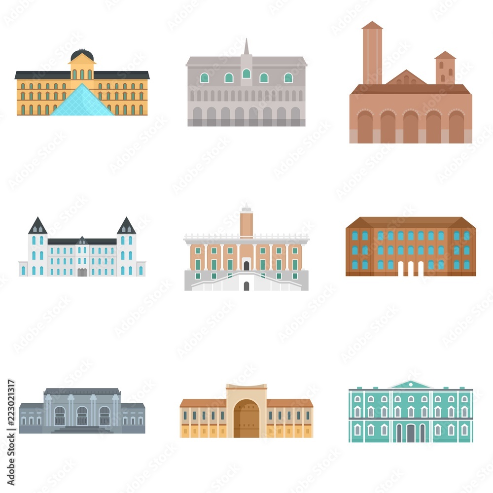 Museum Day Italy architecture palace icons set. Flat illustration of 9 Museum Day Italy architecture palace vector icons for web