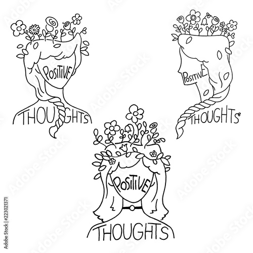 Hand Drawn Girls Head With Flowers Set. Vector illustration with Positive Thoughts Lettering