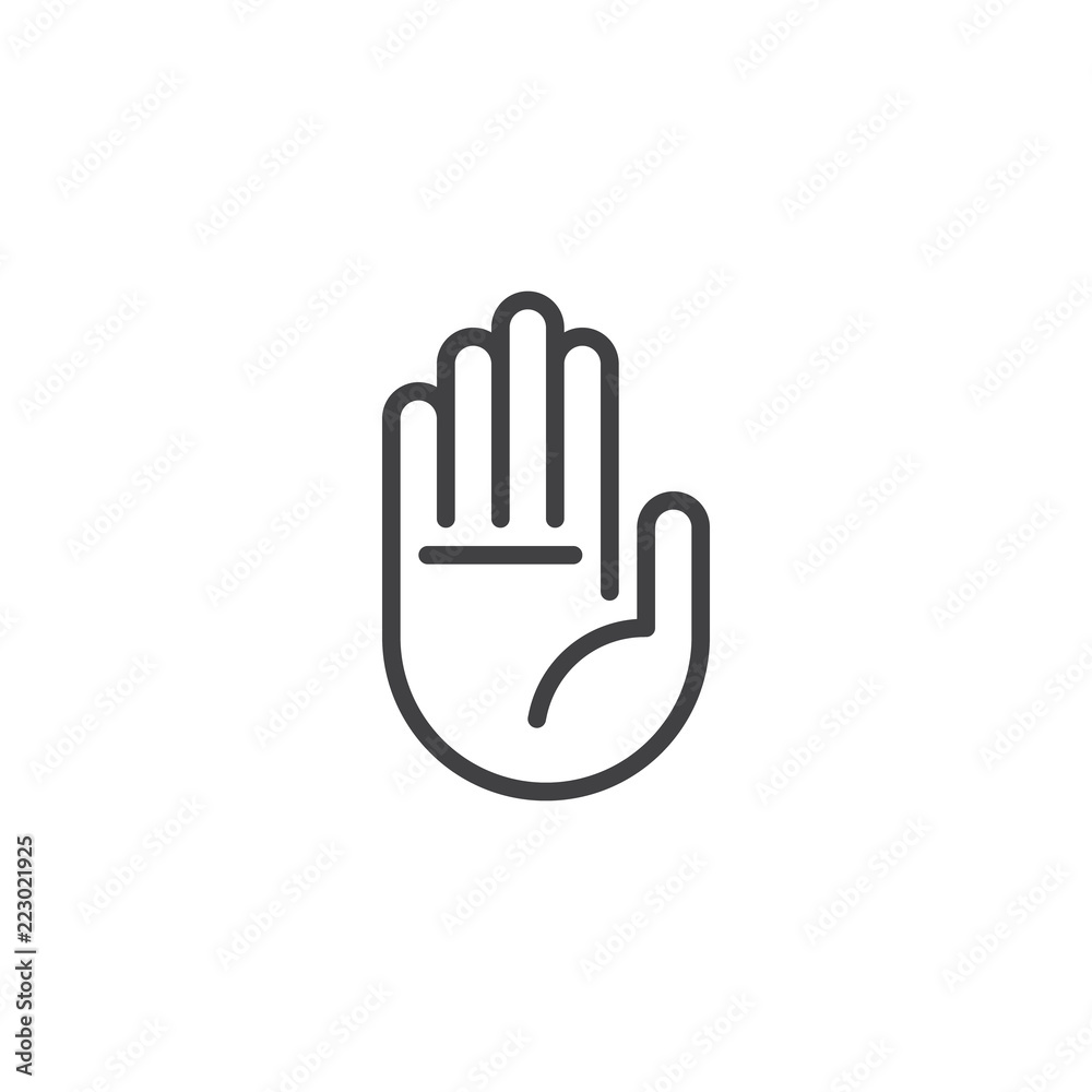 Hand stop sign outline icon. linear style sign for mobile concept and web design. Human hand simple line vector icon. Palm symbol, logo illustration. Pixel perfect vector graphics - obrazy, fototapety, plakaty 