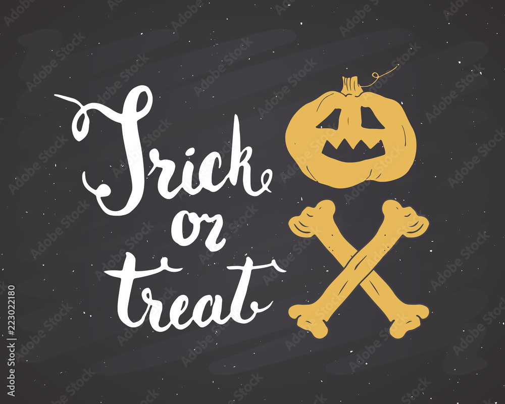 Naklejka premium Halloween greeting card. Lettering calligraphy sign and hand drawn elements, party invitation or holiday banner design vector illustration on chalkboard background