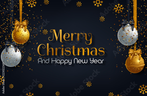 Christmas greeting card, design of xmas balls with golden glitter confetti
