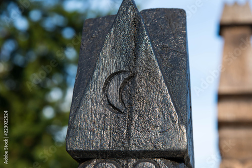  Hand carved wooden post  in Memorial Park dedicated to heroes who died in Hungarian Revolution of 1848. photo