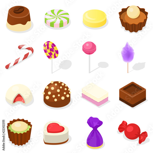 Candy icon set. Isometric set of candy vector icons for web design isolated on white background