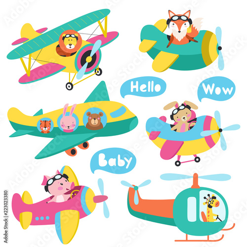 Set of cute animals flying on a airplanes hand drawn vector illustration