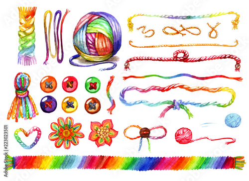 Multicolored colorful watercolor wool cords and tangle of rainbow colored threads drawn by hand isolated on white background illustration set.