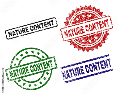 NATURE CONTENT seal prints with damaged style. Black, green,red,blue vector rubber prints of NATURE CONTENT caption with unclean style. Rubber seals with circle, rectangle, medallion shapes.