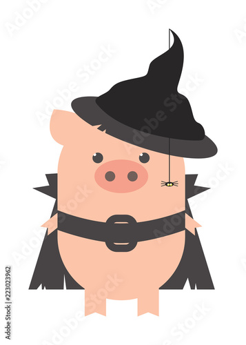 pig witch, Halloween, costume festival. Pig in a witch costume. Cartoon, vector