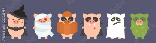 Pigs for Halloween. Pigs in the costumes of a witch, a dracula, a mummy, a ghost, a troll, a pumpkin. Cartoon Vector © All5