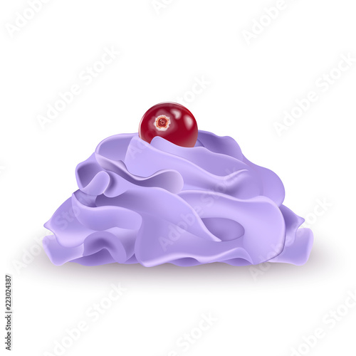 Cranberry on top of Whipped cream for ice cream, yogurt, cupcake, cake. Detailed 3d Illustration Isolated On White. Design Element For Web Or Print Packaging.