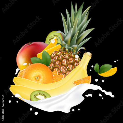 Vector ads 3d promotion banner, Realistic mango, peach, lemon, orange, banana, pineapple, kiwi  splashing with falling slices, juice drops, vitamins, leaves. Ice cream, yogurt brand