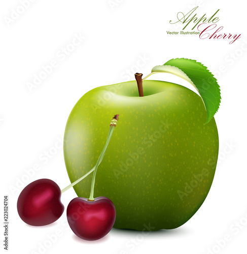Apple and Cherry Set. Realistic 3d apple  and cherries. Detailed 3d Illustration Isolated On White. Design Element For Web Or Print Packaging. Vector