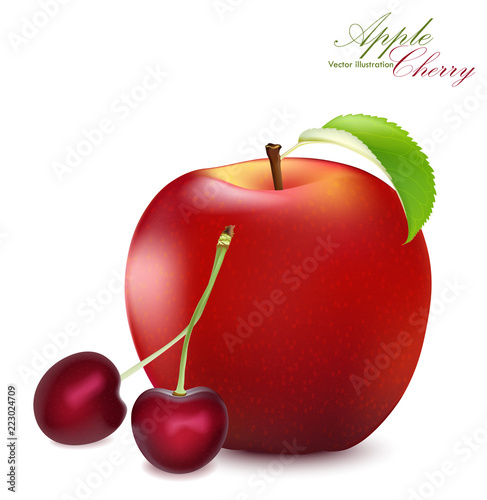 Apple and Cherry Set. Realistic 3d apple  and cherries. Detailed 3d Illustration Isolated On White. Design Element For Web Or Print Packaging. Vector