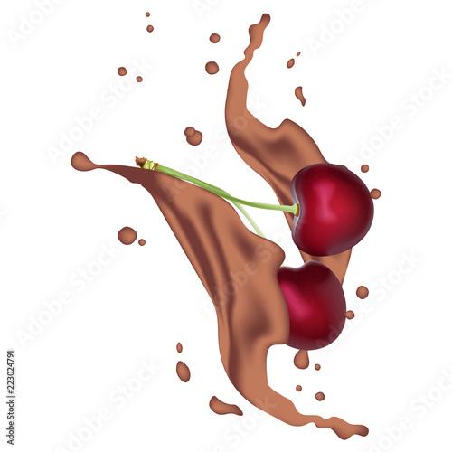 3d realistic twisted dark chocolate milk splash with drops and cherries. Isolated cocoa cherry yogurt caramel cream surfing wave on white background. Coffee Product package design.  illustration