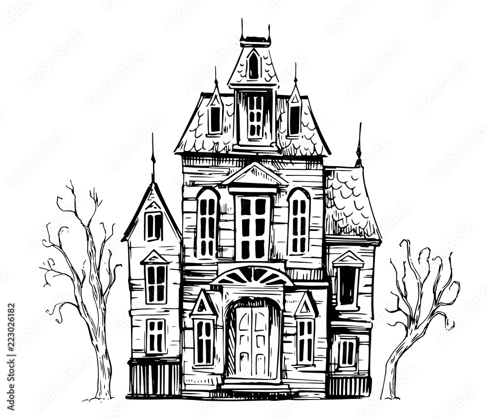 Hounted house. Halloween. Hand drawn sketch illustration. Vector
