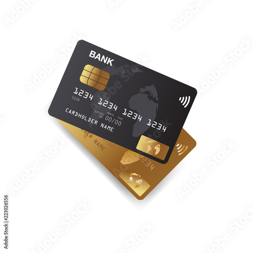 Two credit cards with paypass technology, close up top view isolated on white background. Creative vector concept, payment method.