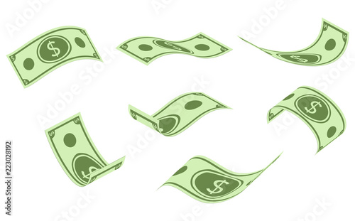 Falling dollar banknotes, money rain, flat vector illustration isolated on white background.