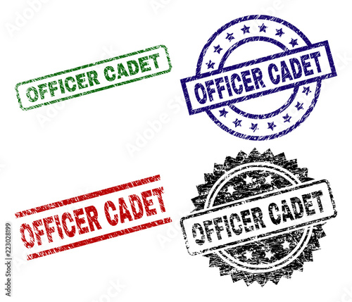 OFFICER CADET seal prints with corroded texture. Black, green,red,blue vector rubber prints of OFFICER CADET title with corroded texture. Rubber seals with circle, rectangle, rosette shapes.