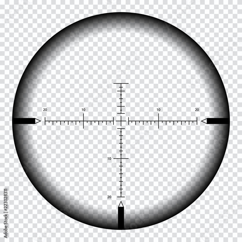 Realistic sniper sight with measurement marks. Sniper scope template isolated on transparent background.