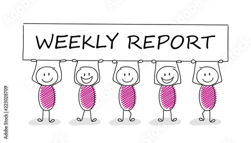 Element for presentation. Stickmen holding a banner with text: weekly report.Vector.