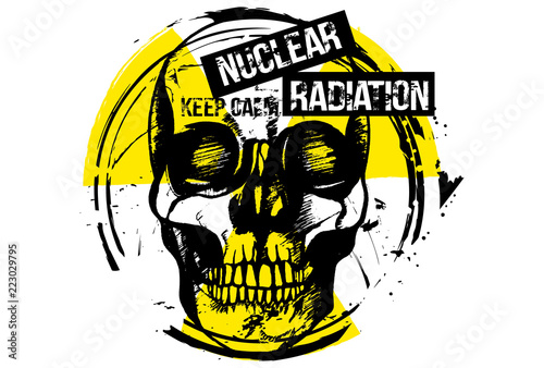Black and white hand drawn illustration of human skull with radiation concept