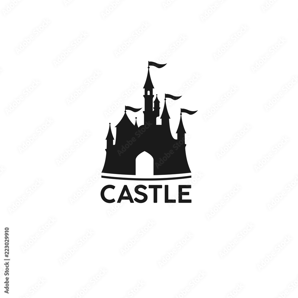 Cartoon castle logo, banner. Amazing amusement park. Vector illustration.