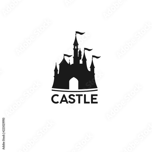 Cartoon castle logo, banner. Amazing amusement park. Vector illustration.
