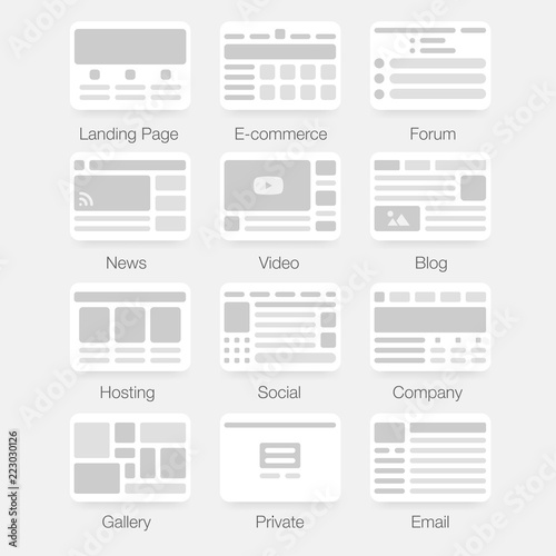 Vector set of simple flat website templates icons. 12 types of sites. Landing page, company site, e-commerce store, forum, social network, gallery, hosting, blog, news portal.