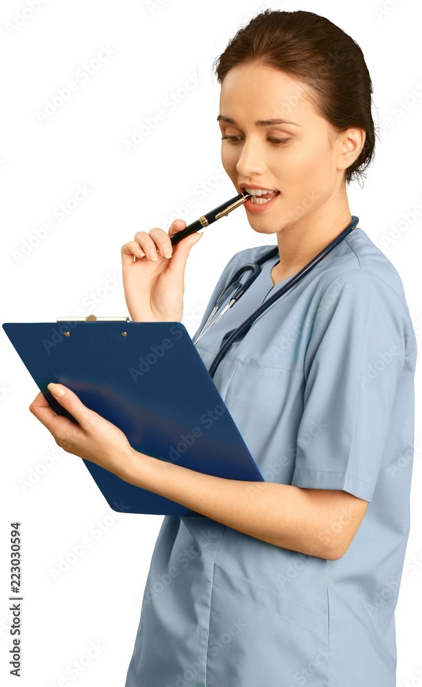 Female healthcare worker wearing scrubs, a stethoscope and Female healthcare worker wearing scrubs, a stethoscope and