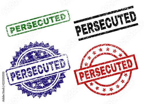 PERSECUTED seal prints with distress texture. Black, green,red,blue vector rubber prints of PERSECUTED tag with scratched texture. Rubber seals with round, rectangle, medal shapes.