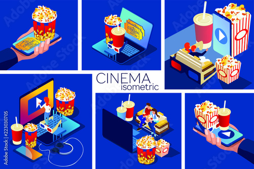 Cinema set. Illustrations for online movie views. Watch the movie on the phone ore laptop. Download and view the video at home on sofa. A smartphone with popcorn and cola in a human hand. Isometric 3d