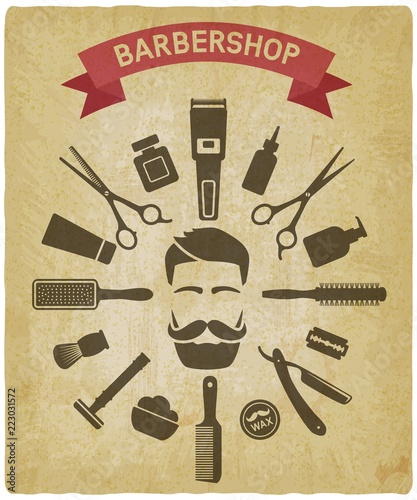 barbershop tools around male face vintage background