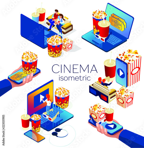 Cinema set. Illustrations for online movie views. Watch the movie on the phone ore laptop. Download and view the video at home on sofa. A smartphone with popcorn and cola in a human hand. Isometric 3d