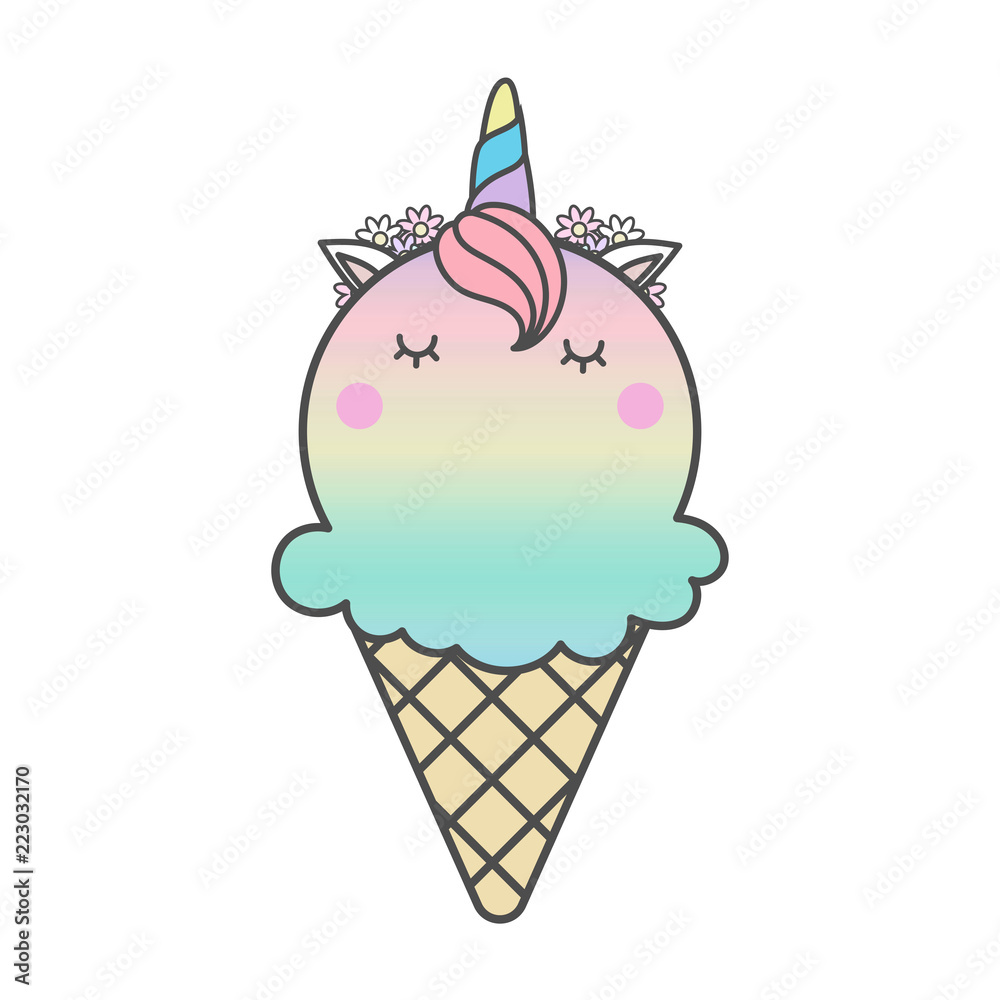 Cute unicorn's head on icecream cone with flowers isolated on white ...