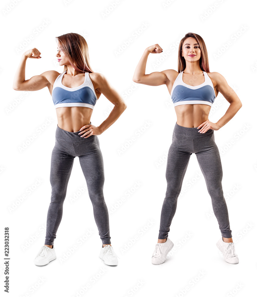 Collage of fitness woman standing with her hands on belt. Collage of fitness woman standing with her hands on belt.