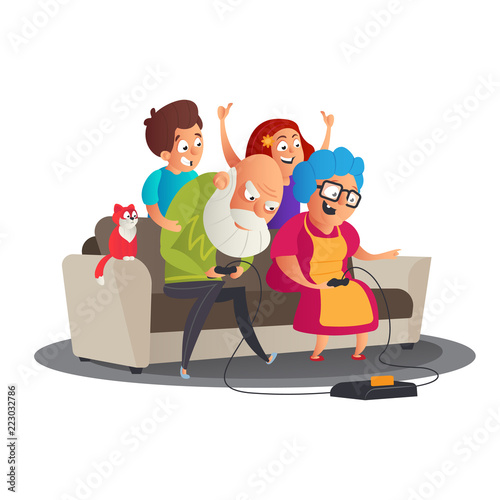 Cute happy Family portrait with Happy grandparents and grandchildren playing video game console on sofa together. Grandparents' Day vector cartoon illustration. Great for advertising and web design