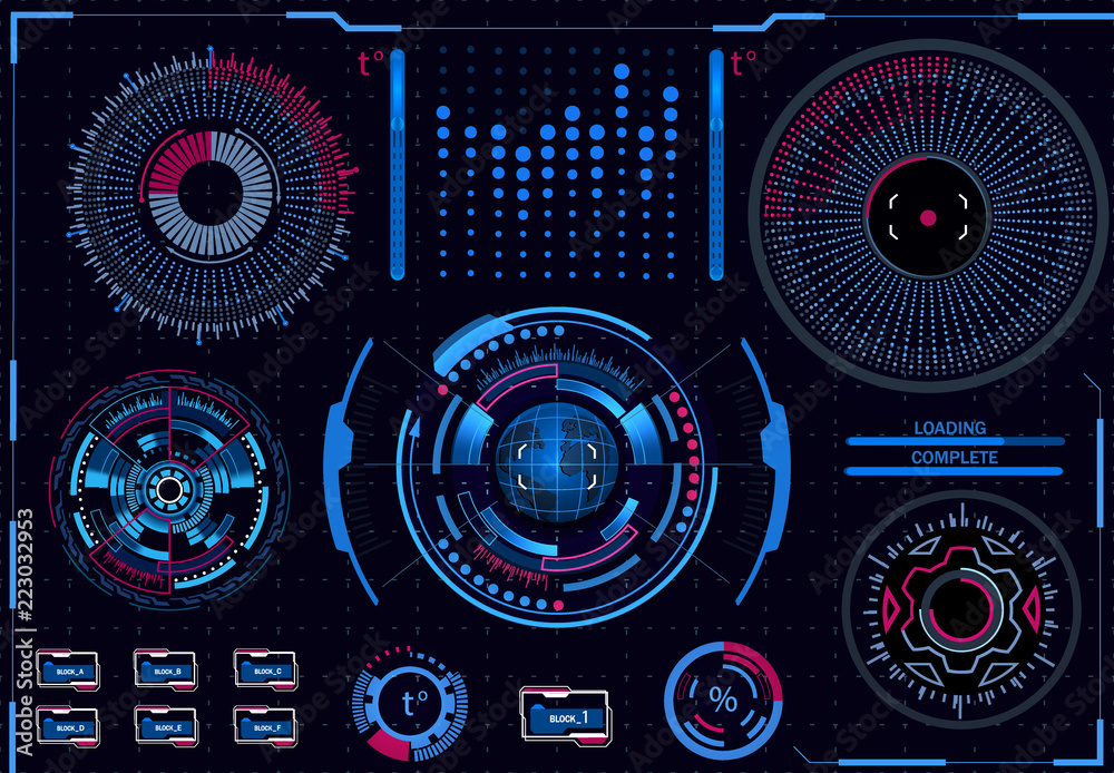 Obraz premium Computer control processes. Diagnostic stand. Virtual graphic interface, electronic lens, HUD elements. illustration