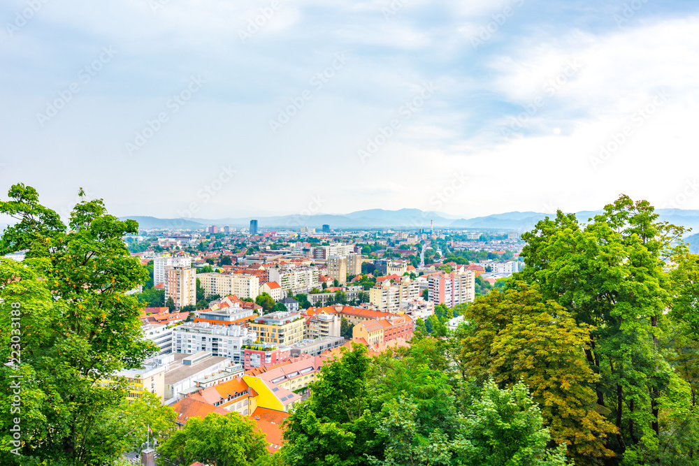 Ljubljana cityscape aerial view. Look to Slovenia capital city from the castle park