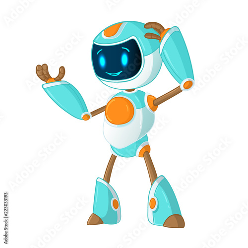 Cute smiling customer online support service chat bot, searching school education robot or mobile application virtual assistance. Flat vector cartoon mascot character illustration isolated on white.