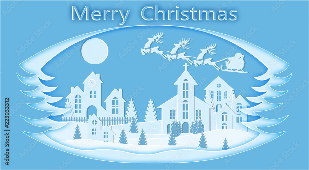 New Year. Christmas. Stylized framework. An image of Santa Claus and deer landscape. cut from blue paper. illustration